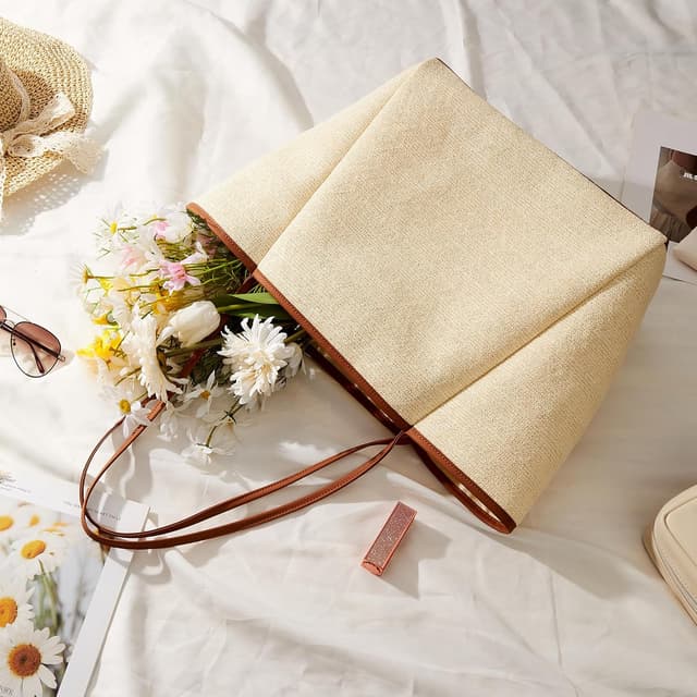 Thumbnail 3 de KALIDI Straw Tote Beach Bag – striped shoulder handbag with zip closure and inner pocket