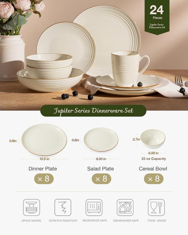 Detalle de Famiware Jupiter 24-Piece Stoneware Dinnerware Set for 8 (Vanilla White) with Speckles & Embossed Swirls