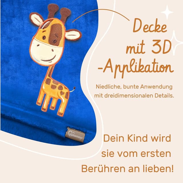Detalle de Be Mammy Coperta calda per bambini con peluche regalo e motivi 3D (Blu scuro - Giraffe)