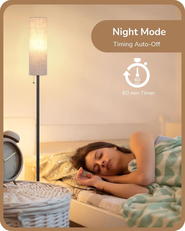 Detalle de EDISHINE 165cm Floor Lamp with Rounded Linen Shade, E27 LED Bulb, Magnetic 2.4G Remote (Black)