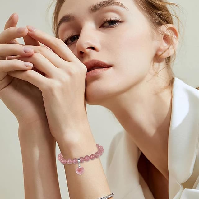 Detalle de Sahoottie Herz-Armband aus Erdbeerquarz (8 mm Perlen) für Damen – Geschenkbox inklusive