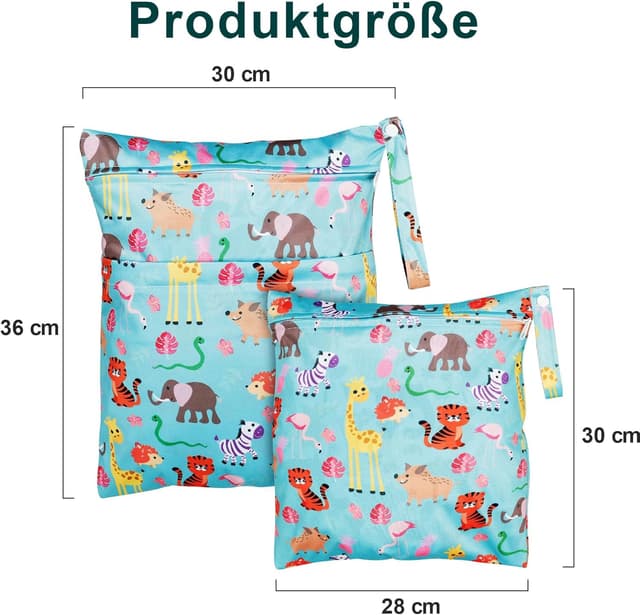 Thumbnail 6 de Loscarol Wetbag Kindergarten (2 Stück) – Nassbeutel & Windeltasche groß/klein mit Doppelreißverschluss (Zoo)