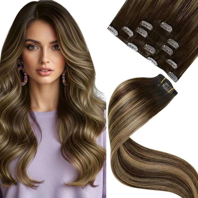 Detalle de LaaVoo Clip-in Hair Extensions (Real Human Hair) Dark Brown Straight Balayage Mix, 12 Inch, #4/27/4, 80g (5pcs) — Double Weft