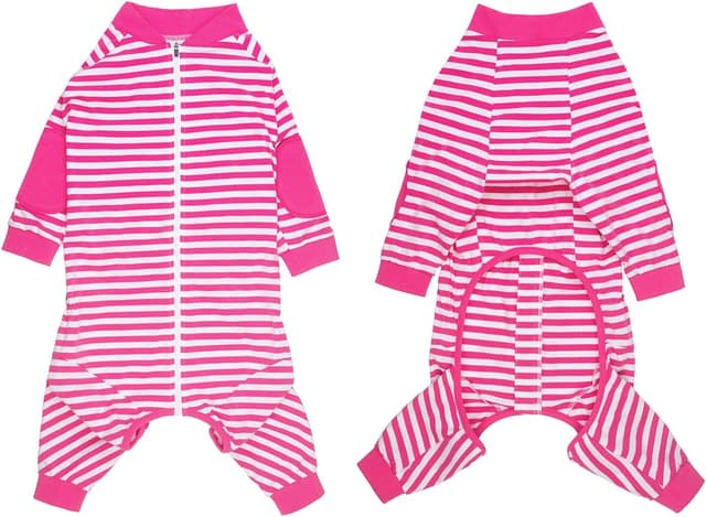 Detalle de BT Bear Large Dog Clothes Dog Pajamas Jumpsuit (Cotton Striped, Zip-up) – Hot Pink, Medium/Large Fit