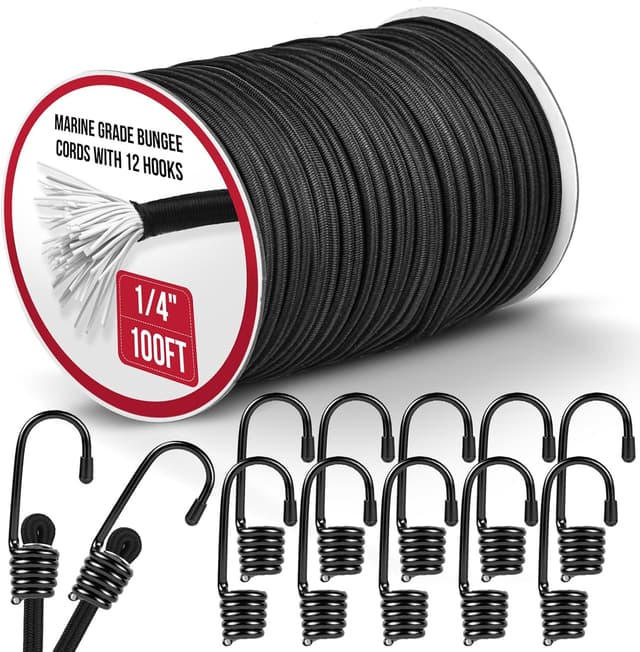 Detalle de Marine Grade Heavy Duty Bungee Cord Roll with 12 Hooks (1/4 in x 100 ft) – Black Shock Cord Kit for Kayak Deck & Outdoor Tie Downs