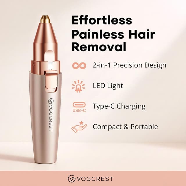 Detalle de VG VOGCREST Augenbrauen-Gesichtstrimmer 2‑in‑1 (wiederaufladbar, LED, Rosé gold) – schmerzlose Haarentfernung für Gesicht & Lippen
