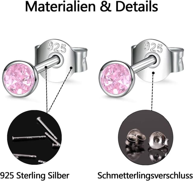 Detalle de Damen Ohrstecker Silber 925 Set (3 Paar) mit Zirkonia – Klein, hypoallergen, Schmetterlingsverschluss