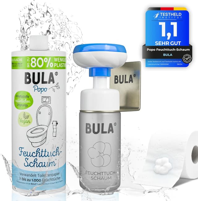 Detalle de BULA Popo Öko Glas Bundle – Feuchttuch-Schaum Starterset mit Glasflasche & Nachfüll-Flasche