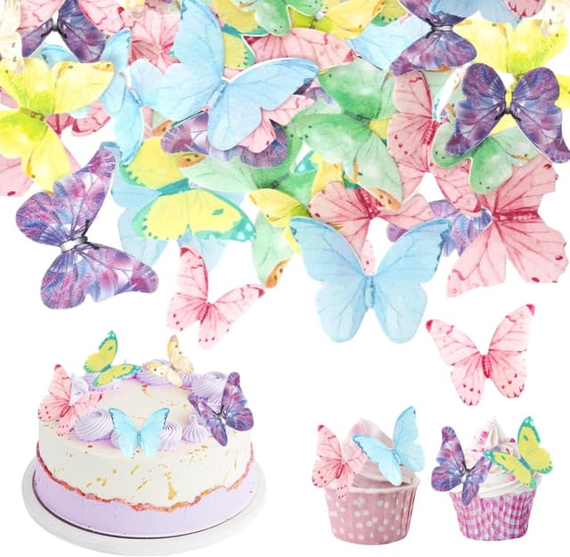 Detalle de 40 Stück essbare Schmetterling-Tortendeko (Esspapier) Regenbogen – Schmetterling Cupcake Toppers für Hochzeit & Geburtstag