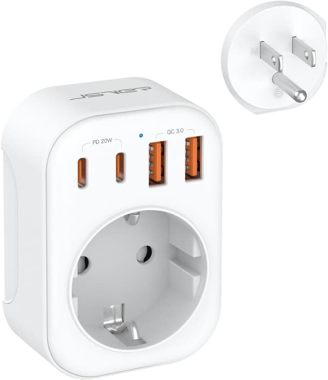 Detalle de JSVER adaptateur prise USA 5 en 1 (France → USA/Canada) avec 2 USB-A et 2 USB-C (PD 20 W) — blanc