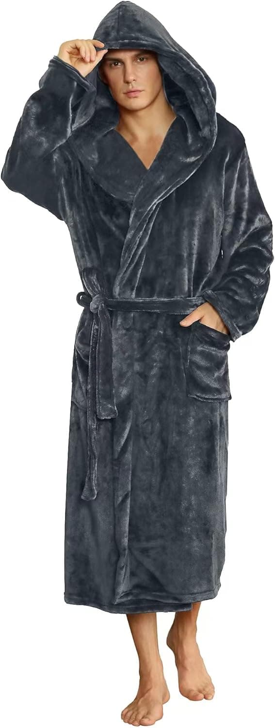 Detalle de U2SKIIN Men’s Hooded Plush Robe (Long Fleece Bathrobe) with Big Hood & Two Pockets