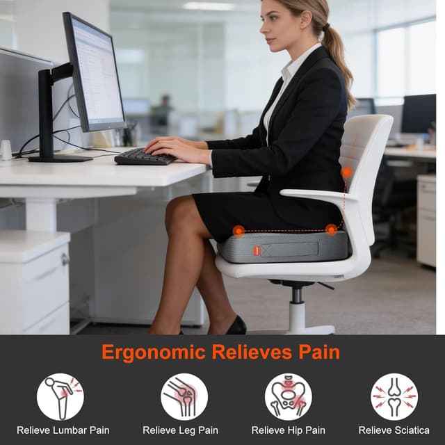 Detalle 2 de inaepeak Sitzkissen mit Memory-Schaum (46 × 40 × 8,5 cm) – reduziert Sitzdruck, waschbarer Bezug, für Büro & Auto, Grau