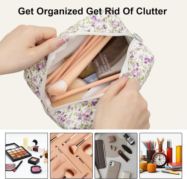 Detalle de Long Keeper Floral Small Makeup Bag (Purple) – 18 x 18 x 10 cm Cotton Cosmetic & Travel Toiletry Pouch