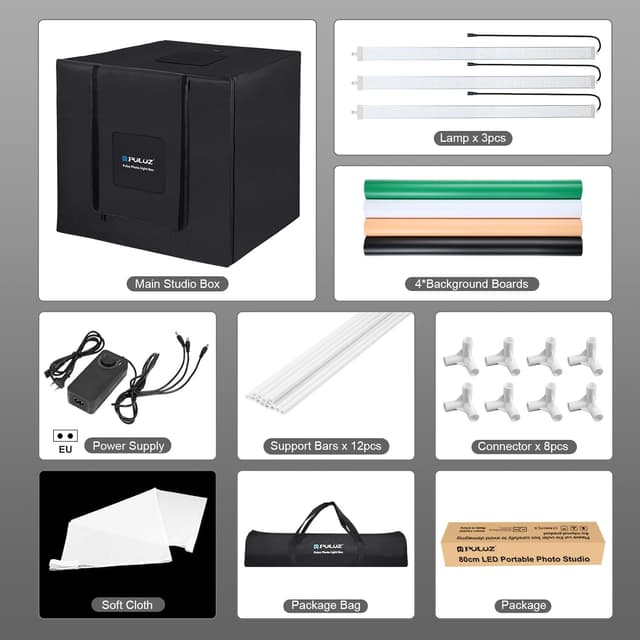 Thumbnail 6 de PULUZ Fotobox 80x80 cm (32 Zoll) mit dimmbaren LED-Lichtleisten, 234 LEDs und 4 PVC-Hintergründen