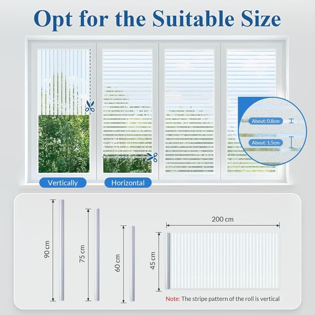 Detalle de DOWELL Privacy Window Film with Classic Stripes & Blinds Pattern (60x200cm) — static cling, anti-UV, temporary privacy