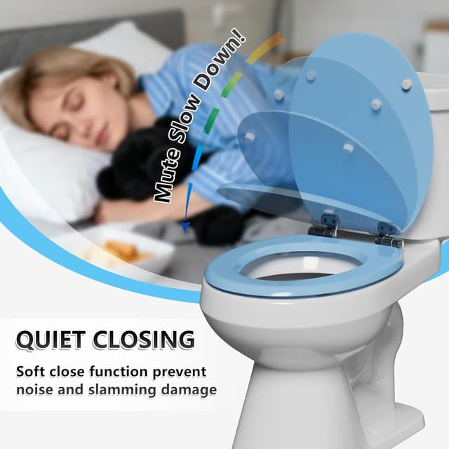 Detalle de Angel Shield Wooden Toilet Seat with Adjustable Soft Close Hinges (Blue) – Quick Release & Removable Lid