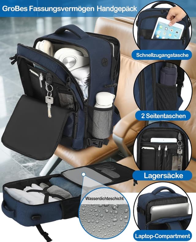 Detalle de KLOSTAIN Handgepäck-Rucksack 40 x 20 x 25 cm (20 l) für Ryanair & Co. – Tiefblau