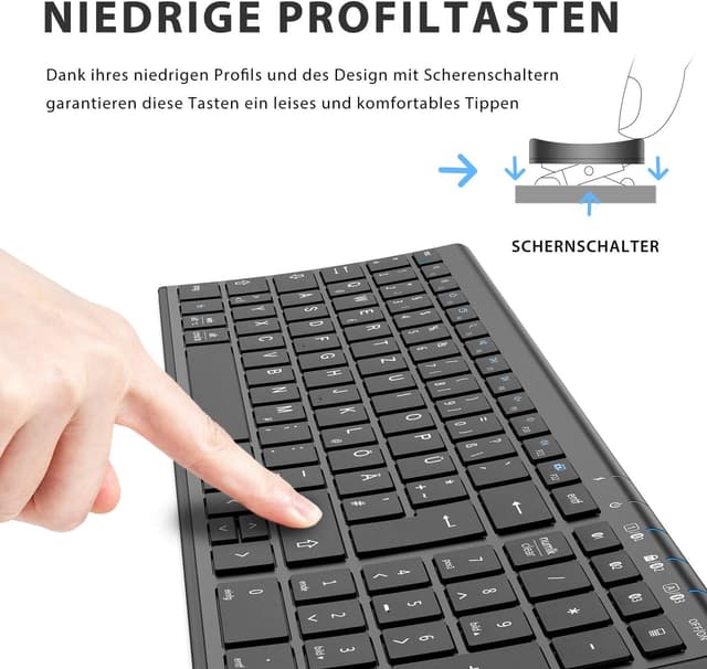 Detalle de iClever BK10 Bluetooth Tastatur mit 3 Geräten, wiederaufladbar und deutschem QWERTZ
