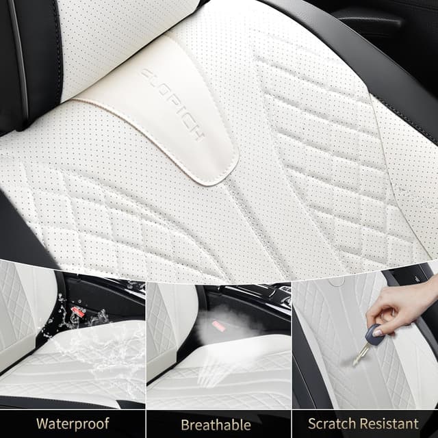 Detalle 2 de FLORICH Waterproof Front Car Seat Cover (Faux Leather) — Universal Fit for Most Cars, SUVs, Trucks, Pickups, Black & White