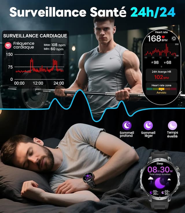 Detalle de LIGE Montre Connectée Homme 2025 : écran HD 1,85", batterie 1000 mAh et suivi santé