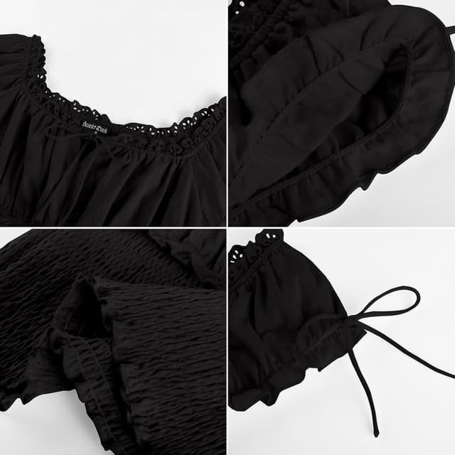 Detalle de SCARLET DARKNESS Women’s Renaissance cotton short sleeve top with square neck and smocked waist