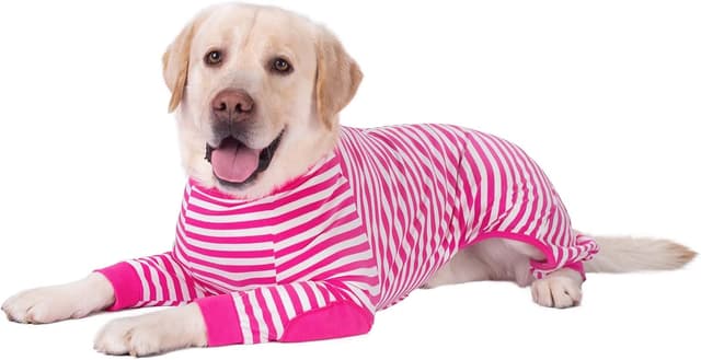 Detalle de BT Bear Large Dog Clothes Dog Pajamas Jumpsuit (Cotton Striped, Zip-up) – Hot Pink, Medium/Large Fit