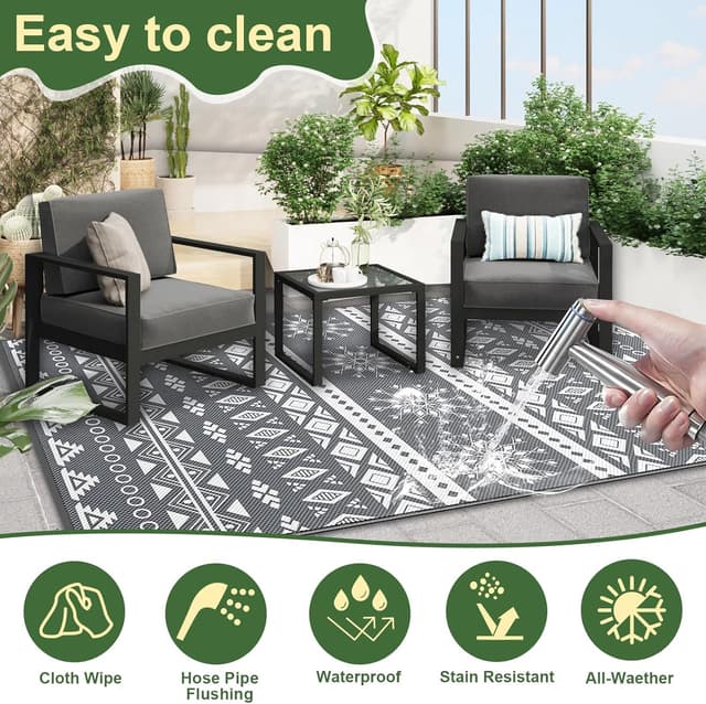 Detalle de MOKANI Large Outdoor Rug for Patio Waterproof (240x300 cm) – Reversible, Foldable Boho Garden Rug
