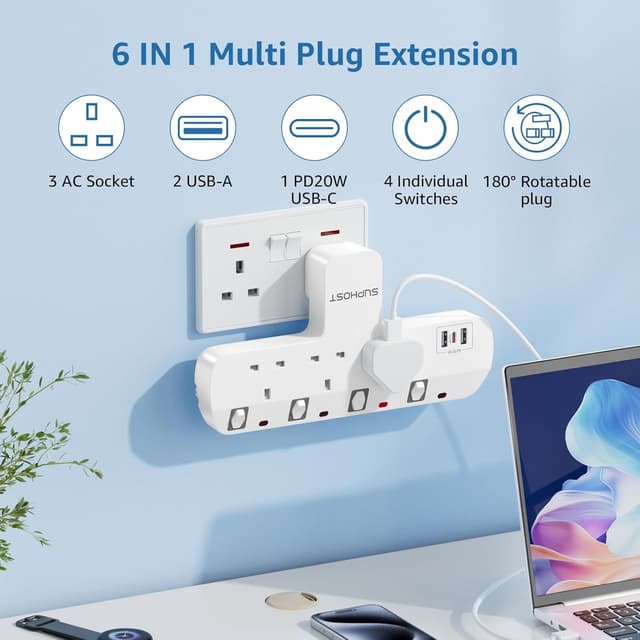 Thumbnail 3 de Rotatable UK Plug Extension Socket 3 Way