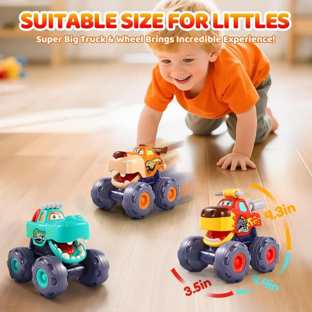 Detalle de OCATO Pull Back Monster Truck Toy Cars for 12–18 Months (3-Pack) — Gifts for 1-Year-Old Boys