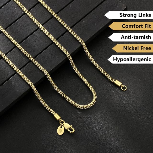 Detalle de KRKC&CO Goldkette/Wheat Rope Kordelkette Herren – Edelstahl, goldbeschichtet, fein (ca. 3,0 mm) mit Karabinerverschluss