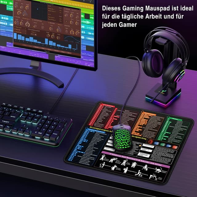 Detalle de Gaming-Mauspad 300x250x3 mm mit Office-Shortcuts (Excel/Word/PPT) – kleine Schreibtischunterlage für PC, Büro & Studium