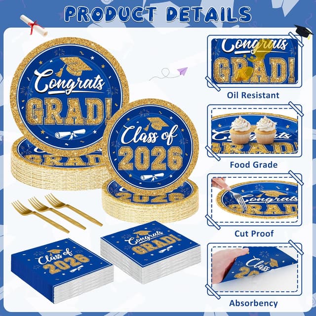 Detalle de QZYL Graduation Party Supplies Set for 50 Guests (Blue & Gold 2026) – 200-Piece Disposable Plates, Napkins & Forks