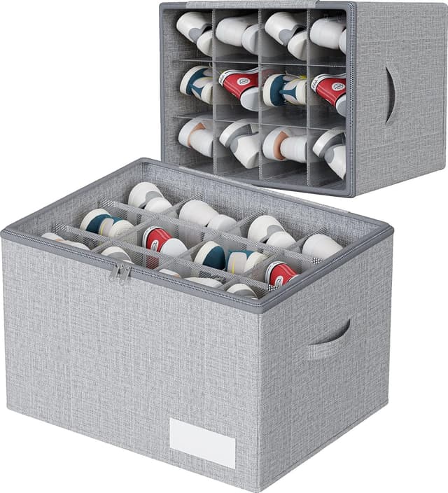 Detalle de WANGIRL Fabric Shoe Storage Box (Grey) – Foldable organiser for 12 pairs with clear zip lids