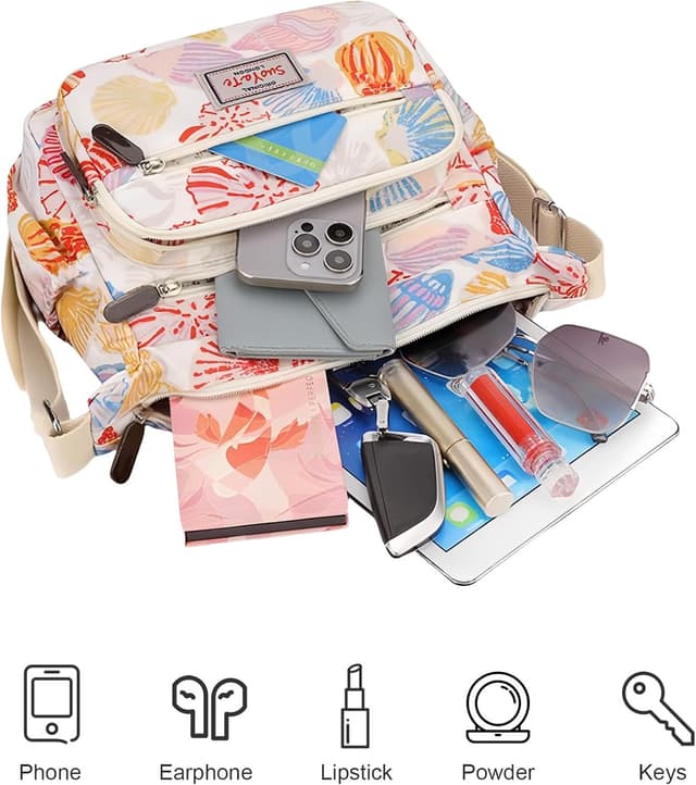 Detalle de FAVORTALK women’s nylon crossbody bag (20 x 17 x 10 cm) with adjustable wide strap