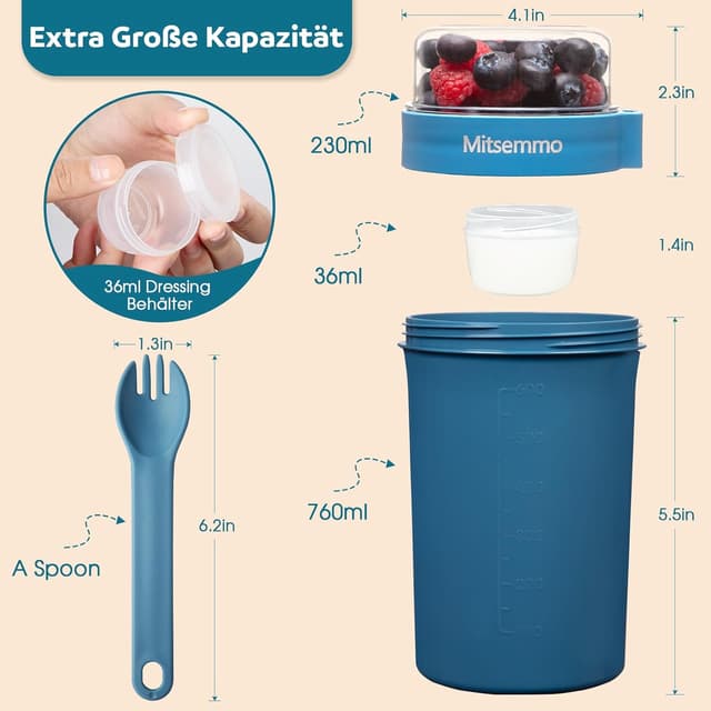 Detalle 2 de Mitsemmo Müslibecher to Go 760ml+230ml Blau