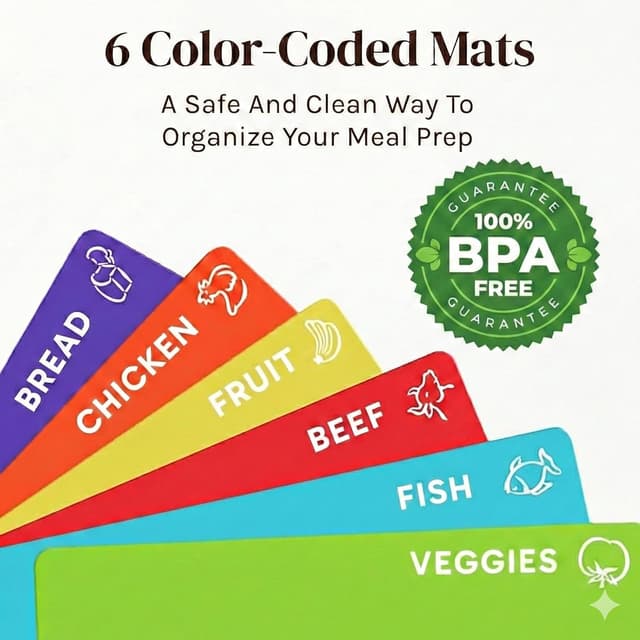 Detalle de Cooler Kitchen Bamboo Cutting Board Set with 6 Color-Coded Flexible Mats, Holder, BPA-Free (Dishwasher Safe)