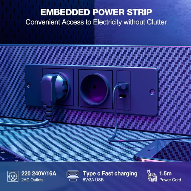 Detalle 2 de Grandder scrivania gaming 100x50 cm con presa di corrente, luci LED e cassetto (nero)