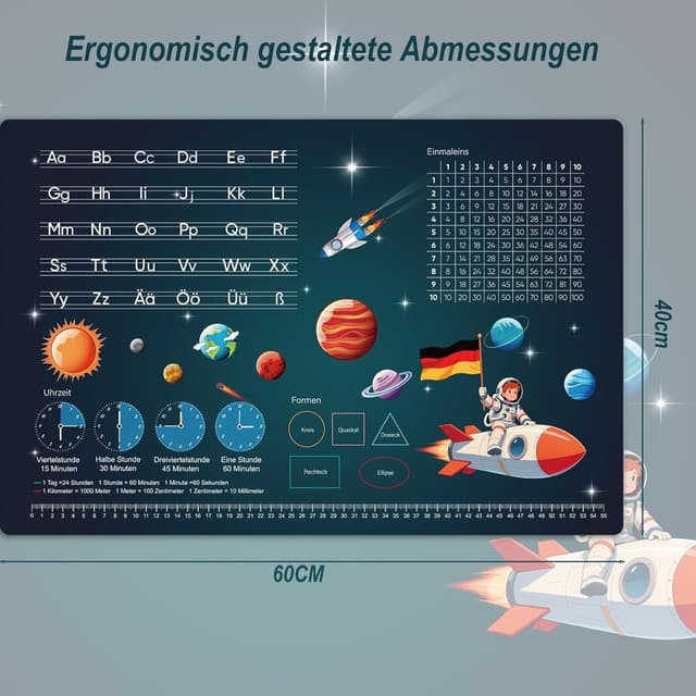 Detalle de FONCOOD Schreibtischunterlage Kinder 60x40 cm Weltraum – abwischbare Lernunterlage mit Alphabet & Einmaleins