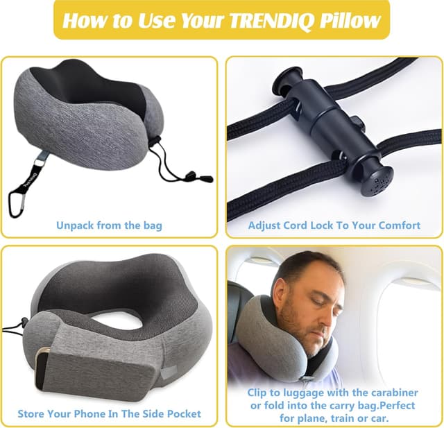 Thumbnail 6 de TRENDIQ Travel Pillow for Airplane – premium memory foam neck support set with cotton cover, eye mask & ear plugs