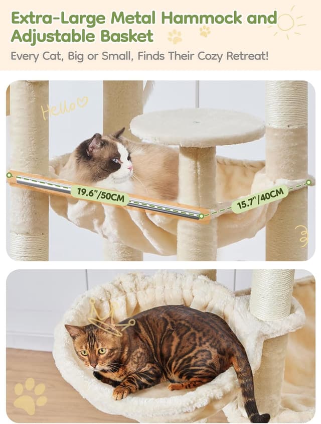 Detalle de Taoqimiao MS047M Cat Tree (193 cm) with 7 sisal posts, condos, hammock and hanging basket