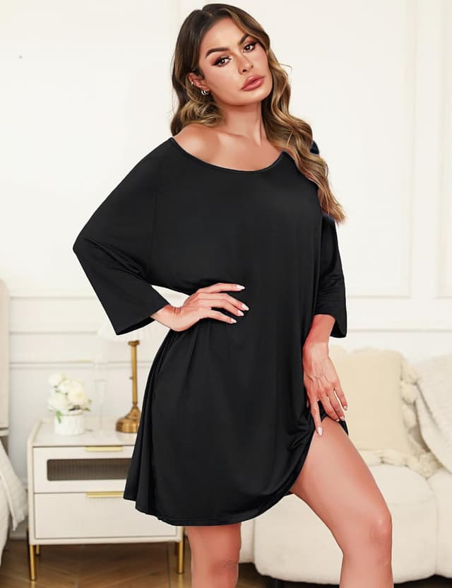 Detalle de Bresdk : chemise de nuit femme en coton oversize à manches 3/4, col en V et poches (S à 3/4XL)
