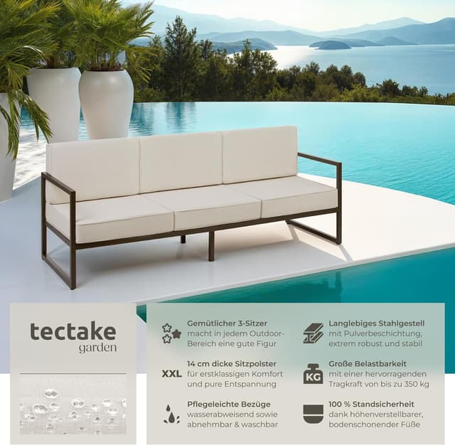 Detalle de tectake® Garten Lounge Sofa 3 Sitzer – Outdoor-Couch mit Lehne und wetterfesten Bezügen