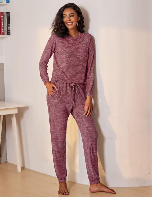 Detalle 2 de Ekouaer Damen Schlafanzug Lang weich – Pyjama-Set mit Taschen, Zweiteiler für Winter (S–XXL)