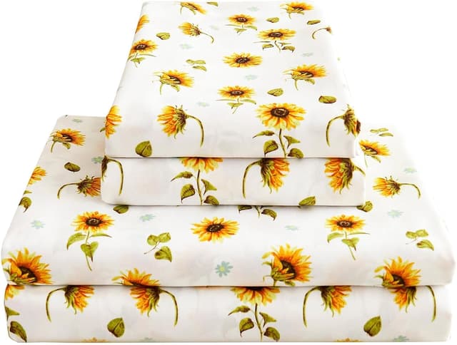 Detalle de Softan Floral Sheet Set Queen (Sunflower) — Double Brushed Microfiber Fitted Sheet with 15" Deep Pocket