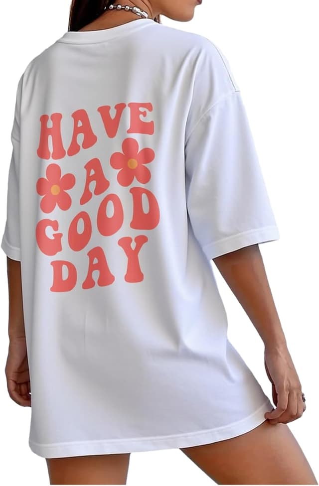 Detalle de Oversized Damen T-Shirt aus Baumwolle (Kurzarm, Rundhalsausschnitt) mit Druck – Sommer Casual Top für lässige Outfits