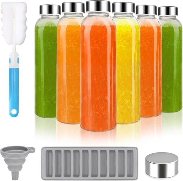 Detalle de ZhouZGlass 500ml Glass Juice Bottles (Set of 6) with Stainless Steel Airtight Lids