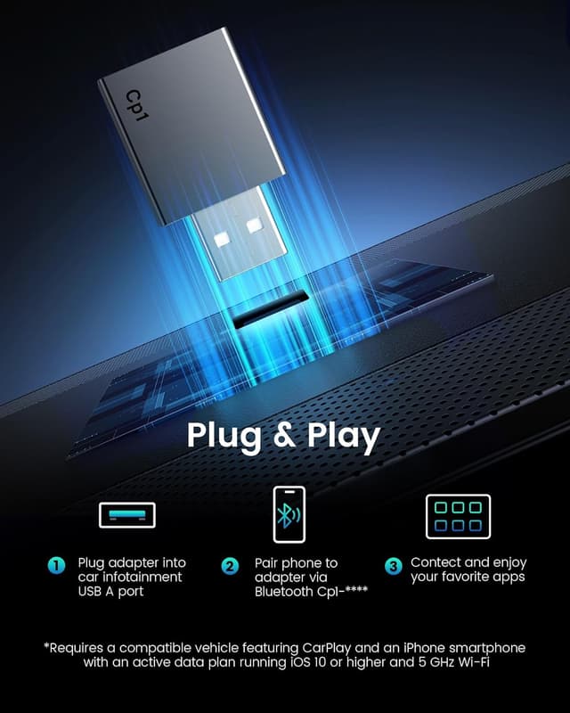 Detalle de YJLUUJL Wireless CarPlay Adapter for iPhone (Plug & Play, 5.8 GHz WiFi + Bluetooth 5.3) — for Cars from 2016