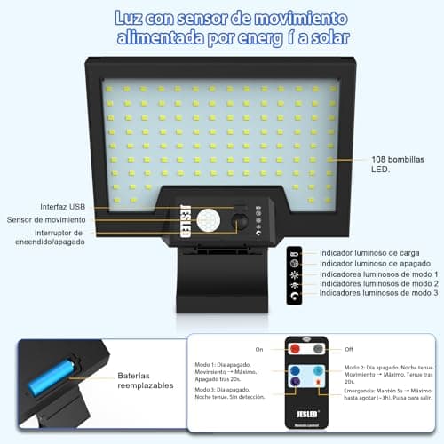 Thumbnail 6 de JESLED Luz Solar Exterior con Sensor de Movimiento y 108 LEDs (giratoria, 4 modos, IP65)