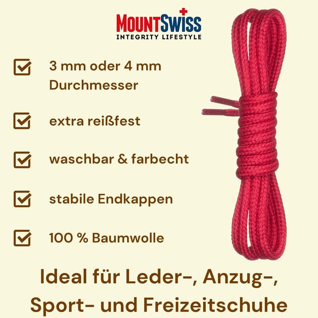 Detalle 2 de Mount Swiss© runde Schnürsenkel aus 100% Baumwolle, rot – Ø 3–4 mm, Länge 45–200 cm