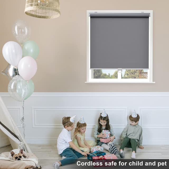 Detalle de Sunoff Cordless Blackout Roller Shades (28" W x 72" H) — Grey, Thermal Insulated, Easy Install